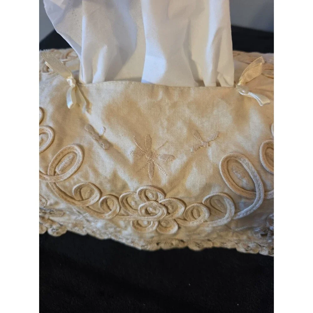 Vintage Layered Cream Colored Lace Embroidered Tissue Box Cover